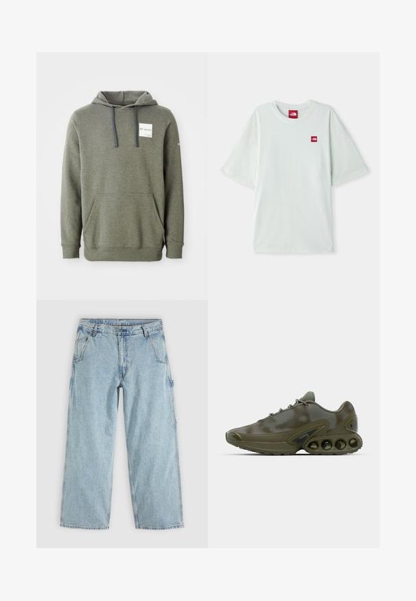 Olivgrüner Hoodie mit einer Fronttasche, verstellbaren Kordeln und einem Logo-Patch auf der Brust; aus weichem, strukturiertem Material gefertigt.; Hellgrünes Kurzarm-T-Shirt aus weicher Baumwolle, mit einem kleinen roten Logostein auf der linken Brustseite. Entspannte Passform und runder Halsausschnitt.; Hellblaue Jeans mit geradem Bein, Vordertaschen, Gürtelschlaufen, Knopfverschluss und einer seitlichen Werkzeugschlaufe.; Dunkelgrüner Sportschuh mit einer strukturierten Oberseite, Schnürverschluss und einer auffälligen Sohle, die sechs sichtbare Luftpolsterungseinheiten aufweist.