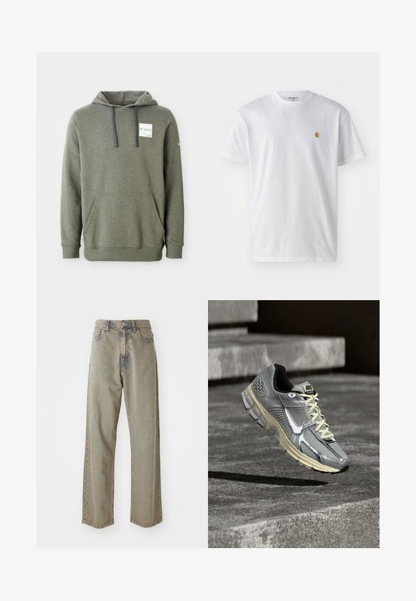 Olivenfarvet hættetrøje med en lomme foran, justerbare snore og et logo-patch på brystet; lavet af blødt, tekstureret materiale.; Hvid bomulds t-shirt med korte ærmer, rund hals og et lille guld logo på venstre brystområde. Blød tekstur og almindelig pasform.; Lys grå brede jeans i denim, med en falmet tekstur, synlige syninger og traditionel knap- og lynlåslukning.; Grå og beige Nike løbesko med hvide snørebånd og en stor hvid swoosh, placeret som om den svæver over en betonsurface.