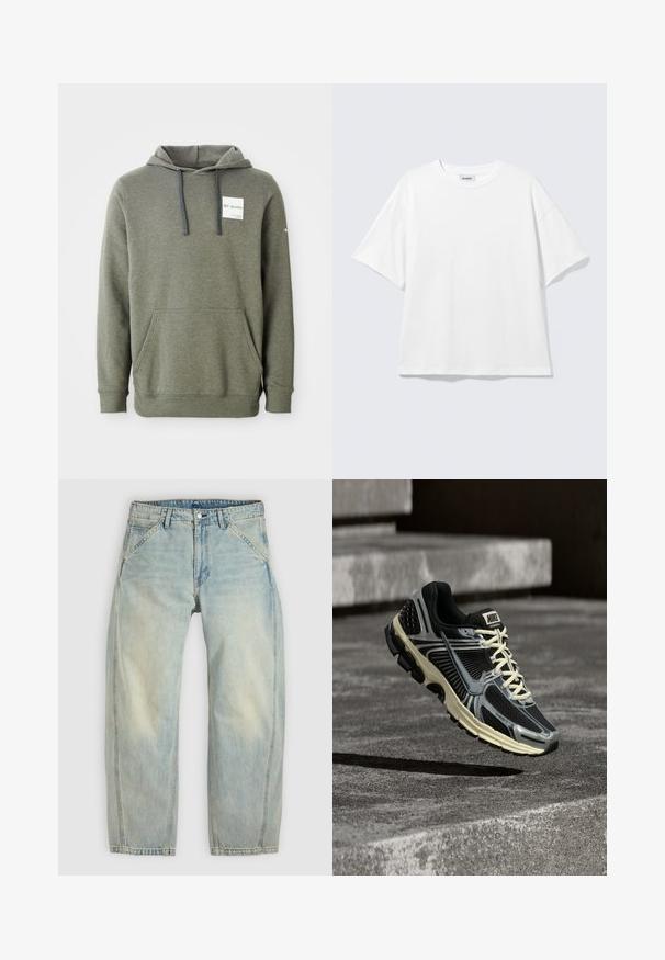 Olivgrüner Hoodie mit einer Fronttasche, verstellbaren Kordeln und einem Logo-Patch auf der Brust; aus weichem, strukturiertem Material gefertigt.; Weißes oversized T-Shirt mit kurzen Ärmeln und Rundhalsausschnitt mit eingesetzten Schultern, flach auf hellgrauem Hintergrund.; Hellblaue Jeans mit weitem Bein aus Denim. Sie verfügen über fünf Taschen, einen Knopfverschluss und ausgewaschene Bereiche für einen getragenen Look.; Schwarz-grauer Nike-Laufschuh mit cremefarbenen Schnürsenkeln, der über einer strukturierten Betonoberfläche schwebt.