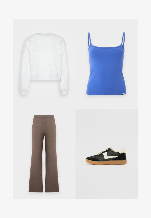 Helle graue, langärmlige, gekürzte Sweatshirt mit gerippten Bündchen und hohem Rundhalsausschnitt, auf einem schlichten hellen Hintergrund präsentiert.; Blaues ärmelloses Camisole mit dünnen doppelten Schulterriemen und kleinem weißem Logoetikett am unteren Saum auf einfarbigem Hintergrund.; Hoch taillierte braune Strickhose mit weitem Bein und einem gerippten elastischen Bund, flach auf hellem Hintergrund dargestellt.; Schwarze Wildleder- und Leder-Sneaker mit einem cremefarbenen Seiten-Swoosh und einer hellcremefarbenen Ferse. Ausgestattet mit beige Schnürsenkeln und einer Gummilaufsohle.