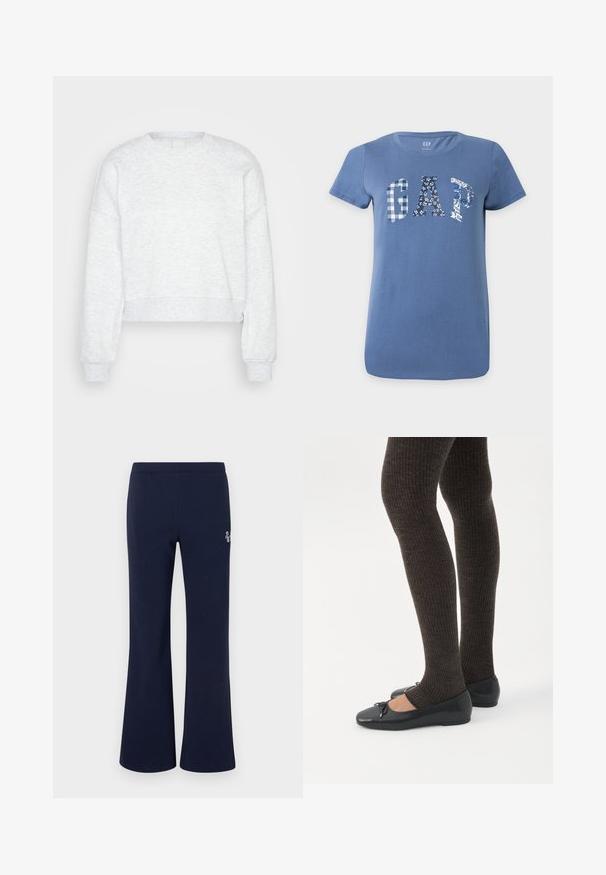Lichtgrijze, lange mouwen cropped sweatshirt met ribgebreide manchetten en hoge ronde hals, weergegeven op een effen lichte achtergrond.; Blauw T-shirt met korte mouwen met "GAP" in grote letters over de borst, waarbij elke letter een ander blauw-wit patroon heeft.; Marineblauwe, rechte sweatpants met elastische tailleband en een klein wit logo op de bovenkant van de dij.; Benen met donkere geribbelde leggings gecombineerd met zwarte ballerina's met kleine strikdetails op een witte achtergrond.