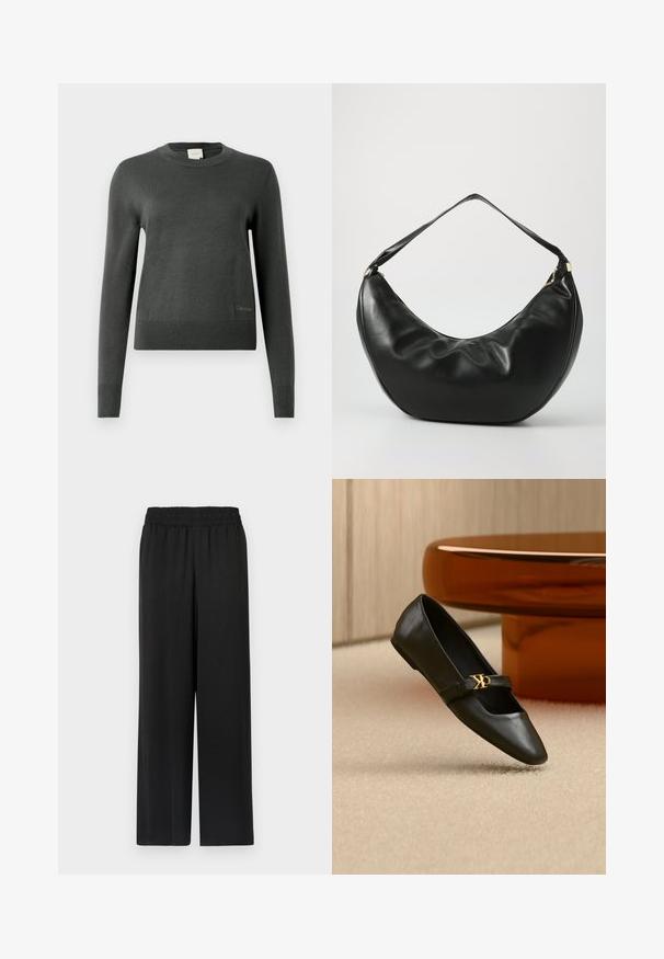 Mørkegrå strikket sweater med rund hals og lange ærmer. Har en ribbet søm og subtil branding nederst til venstre.; Sorte brede bukser med elastisk talje, lavet af et glat, let stof. Har en lige pasform og ingen synlige mønstre.; Sort læder flad sko med spids tå og gyldent CK-logo på rem, placeret på beige tæppe nær et rundt ravbrunt bord.; Sort læder skuldertaske med en buet form, blød tekstur og en enkelt rem; har en guldbeslået lynlås og diskret branding.