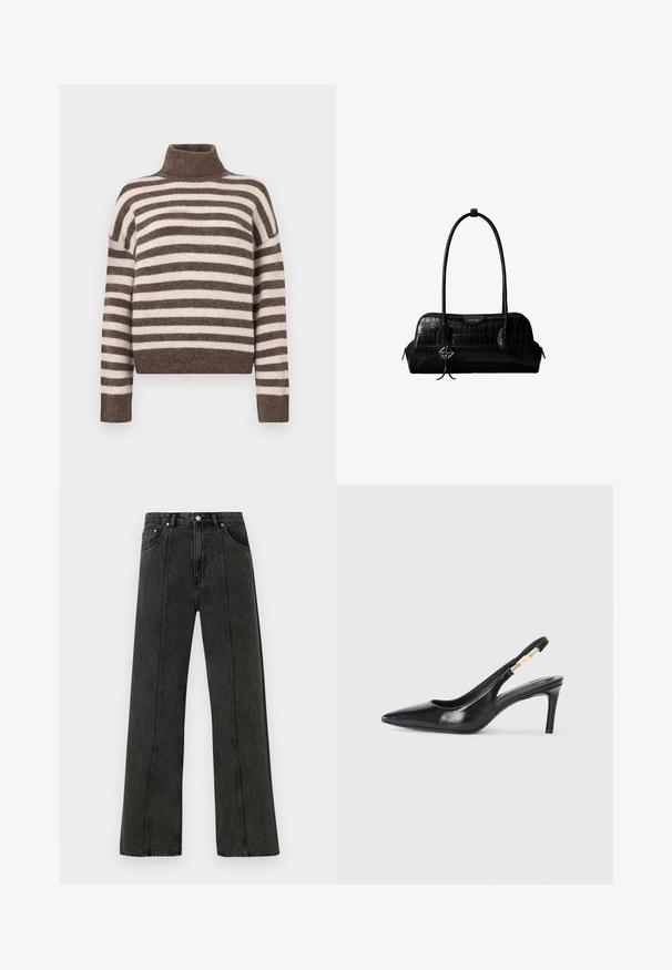Randet turtleneck sweater i brun og creme, lavet af blødt materiale. Har en ribbet halsudskæring og brede, droppe skuldre.; Højtaljede jeans med vide ben i mørkegråt denim. Har et klassisk fem-lomme-design og synlige syninger langs forreste sømme.; Sort læder slingback højhælede sko med spidse tæer, glat overflade og en smal ankelrem med guldfarvede hardware detaljer.; Sort skuldertaske i krokodillelæder med lange stropper og lille sølvlogo-charm på den ene strop.