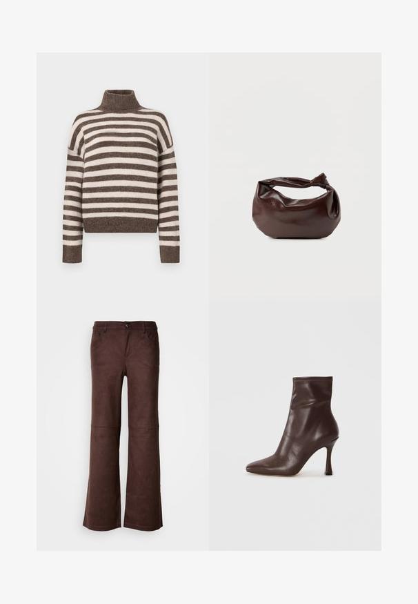 Pull à col roulé rayé en marron et crème, fabriqué en matériau doux. Il dispose d'un col côtelé et de larges épaules tombantes.; Pantalons évasés marron en tissu doux semblable à du daim. Comprend quatre poches, une fermeture à bouton et une surface lisse et texturée.; Bottine en cuir marron avec un bout pointu et un talon stiletto fin. Présente une texture lisse et des détails cousus autour de l'ouverture.; Sac bandoulière en cuir marron foncé avec une forme souple et décontractée et une anse nouée torsadée sur un fond blanc uni.