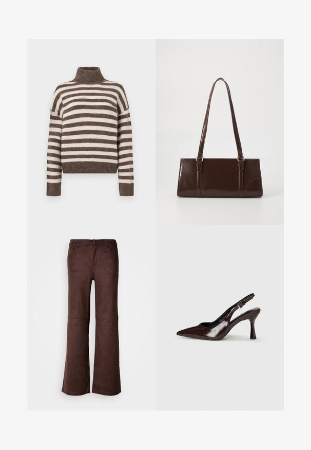 Pull à col roulé rayé en marron et crème, fabriqué en matériau doux. Il dispose d'un col côtelé et de larges épaules tombantes.; Pantalons évasés marron en tissu doux semblable à du daim. Comprend quatre poches, une fermeture à bouton et une surface lisse et texturée.; Talons slingback en cuir verni brun avec un bout pointu, un talon fin, et une sangle réglable avec une petite boucle.; Sac à main en cuir verni marron de forme rectangulaire, avec deux longues poignées et des accents courbés subtils à l'avant.