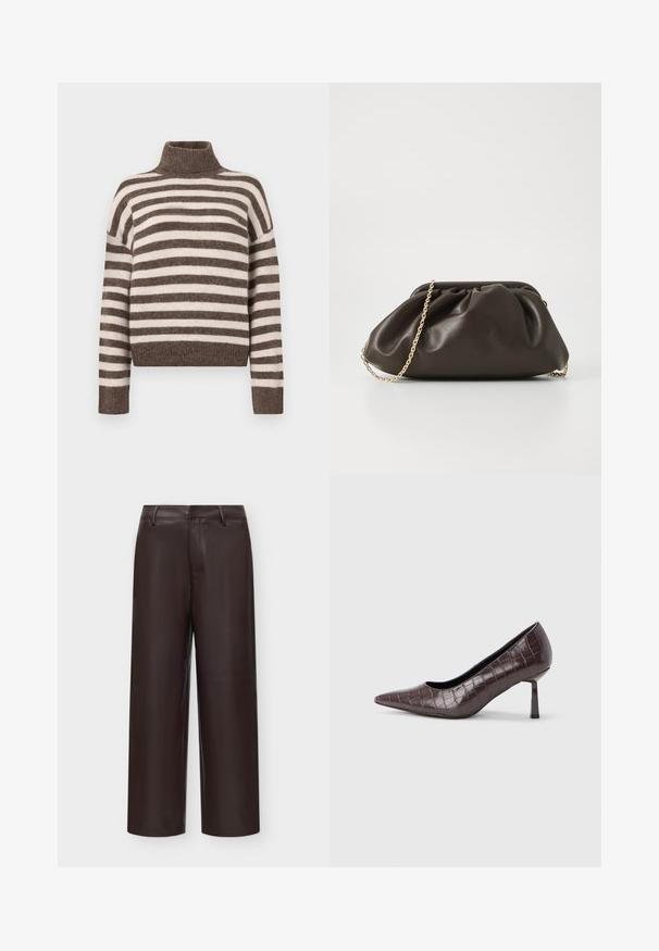 Randet turtleneck sweater i brun og creme, lavet af blødt materiale. Har en ribbet halsudskæring og brede, droppe skuldre.; Mørkebrune, vidde faux læderbukser med bæltestropper og en forreste sømdetalje mod en lys baggrund.; Brune kunstlæder stiletter med spidse tæer og krokodilletekstur, der har en slank, vinklet hæl og en glat inderside.; Brun læderhandtaske med en sammensnøring, guld kædestrop og blød, struktureret overflade. Kompakt form velegnet til aftensbrug.