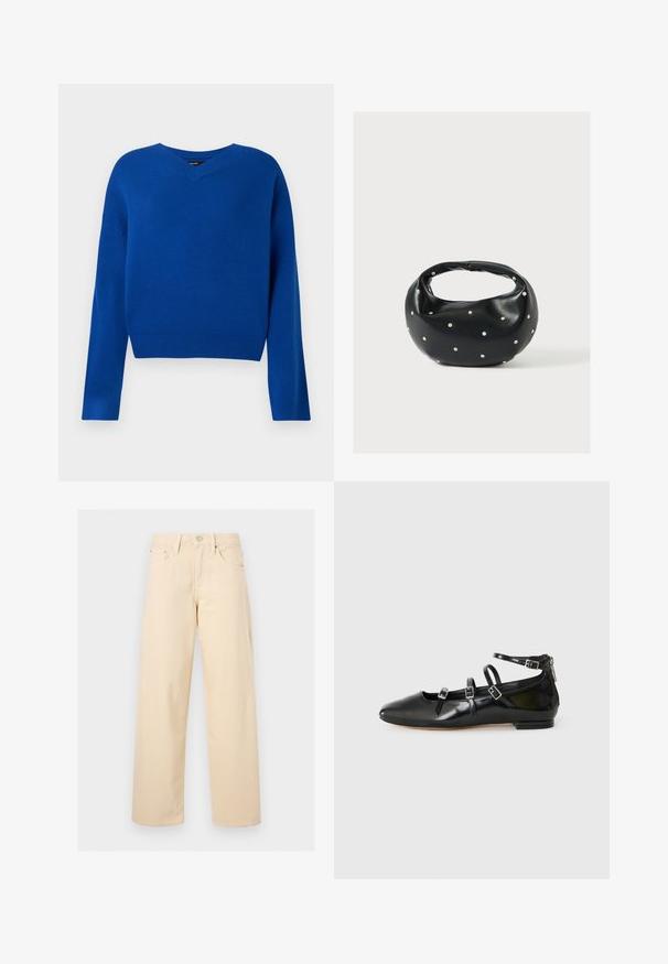 Pull en V, à manches longues, de couleur bleu vif, en tissu tricoté doux. Il présente un ourlet et des poignets côtelés, avec une coupe décontractée et des coutures minimales.; Pantalon beige droit avec bouton et fermeture éclair à l’avant, passants pour ceinture et design cinq poches sur un fond uni clair.; ALDO NELTA - Ballerines - black; Sac à main en cuir noir de forme arrondie, décoré de clous argentés et équipé d'une poignée courte. Texture lisse et fermeture éclair.