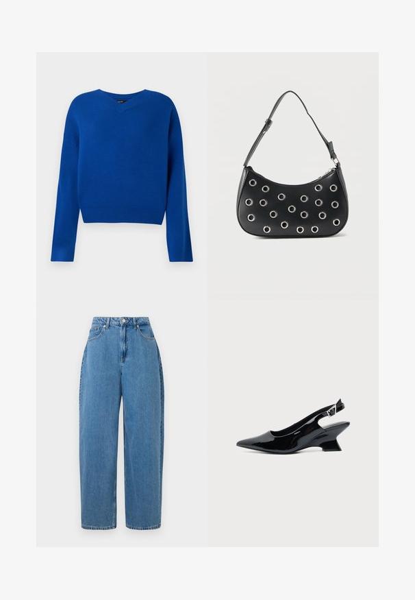 V-hals, langærmet sweater i lys blå, lavet af blødt strikstof. Har ribbet kant og manchetter, med en afslappet pasform og minimal syning.; Lyseblå denimbukser med lige ben, høj talje og lukning med frontknap. Har fem lommer og minimale syninger.; Sort laklæder slingback sko med spids tå og lav vinklet blokhæl på ensartet lys baggrund.; Sort læder skuldertaske med justerbar rem, dekoreret med sølvfarvede metalnitter og lukning med øverste lynlås.