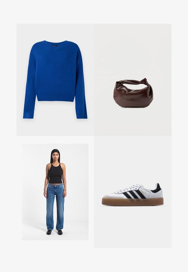 Pull en V, à manches longues, de couleur bleu vif, en tissu tricoté doux. Il présente un ourlet et des poignets côtelés, avec une coupe décontractée et des coutures minimales.; Femme aux longs cheveux portant un débardeur noir, un jean bleu, des chaussures noires et un bandeau noir, debout sur un fond blanc.; Baskets en cuir blanc avec des rayures noires, semelle extérieure en caoutchouc beige, bout rond, fermeture lacée et embout en suède gris doux.; Sac bandoulière en cuir marron foncé avec une forme souple et décontractée et une anse nouée torsadée sur un fond blanc uni.