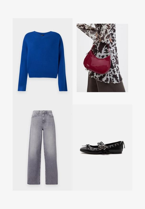 V-hals, langærmet sweater i lys blå, lavet af blødt strikstof. Har ribbet kant og manchetter, med en afslappet pasform og minimal syning.; Højtaljede, vide jeans i lysegrå denim. Har et klassisk fem-lomme design, diskret fading og en metalknaplukning.; Sort flad balletsko med dobbelt spænde, sølvøjer og en lille sløjfe nær den runde tå på en hvid baggrund.; Kvinde iført en sort- og hvidmønstret bluse, der holder en blank rød skuldertaske mod en ensfarvet baggrund.