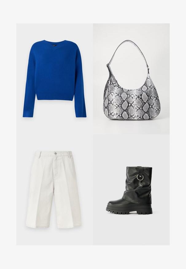 Pull en V, à manches longues, de couleur bleu vif, en tissu tricoté doux. Il présente un ourlet et des poignets côtelés, avec une coupe décontractée et des coutures minimales.; Shorts beige clair jusqu'au genou avec fines rayures verticales subtiles, passants pour ceinture, bouton devant et fermeture éclair.; Bottes noires mi-mollet en matériau synthétique brillant avec un design plissé, dotées d'un détail argenté rond et d'une semelle extérieure en caoutchouc épaisse.; Sac à épaule en simili cuir noir et blanc avec imprimé serpent, de forme arrondie, texture lisse et bandoulière incurvée. Présente un accent en matériel argenté.