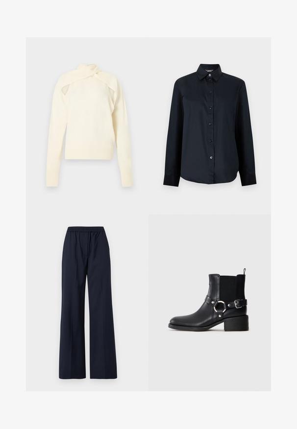 Haut à manches longues en tricot couleur crème avec design à épaules découpées et détail de col enroulé, présenté sur un fond neutre.; Chemise noire à manches longues avec boutons, col pointu et ourlet légèrement arrondi, présentée sur un fond gris clair uni.; Pantalon large bleu marine avec une ceinture élastique et un devant lisse, présenté sur un fond blanc.; Bottine en cuir noir avec boucles latérales et détail en anneau, panneau latéral élastique, petit talon carré et languette de tirage sur fond uni.