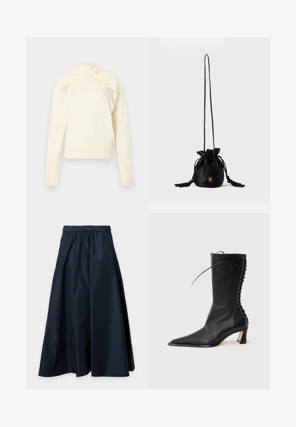 Haut à manches longues en tricot couleur crème avec design à épaules découpées et détail de col enroulé, présenté sur un fond neutre.; Jupe longue noire taille haute avec taille élastique et un design évasé en tissu lisse sur un fond uni.; Bottine noire en cuir avec bout pointu, talon fin, détail à lacets à l'arrière et œillets métalliques. Texture lisse avec un design élégant.; Sac seau noir à cordon avec une longue sangle fine et un petit logo carré doré sur le devant, présenté sur un fond uni.