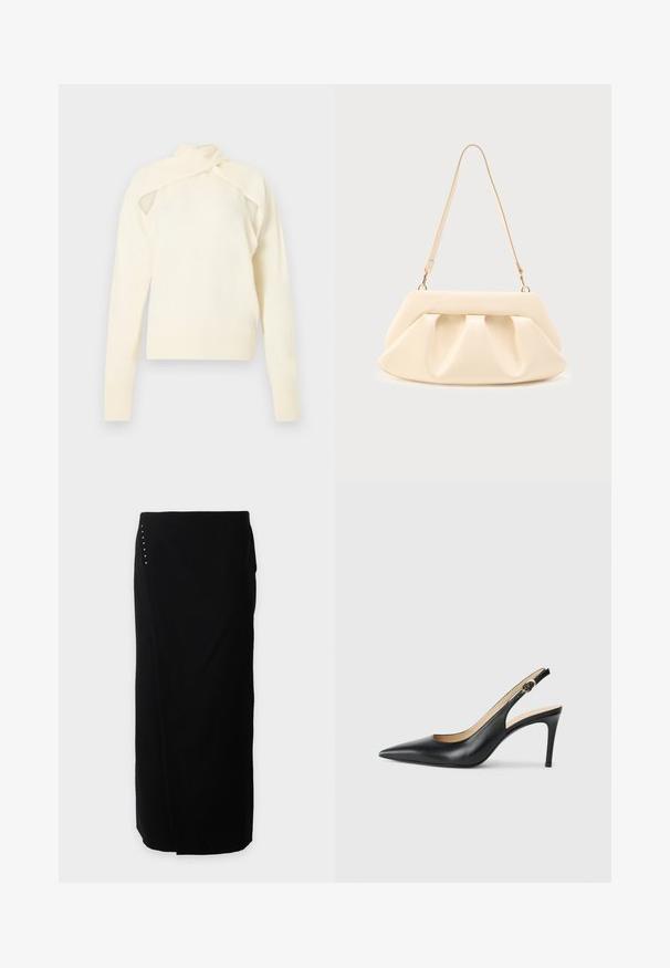 Haut à manches longues en tricot couleur crème avec design à épaules découpées et détail de col enroulé, présenté sur un fond neutre.; Jupe midi noire portefeuille à silhouette droite, ornée de petits clous argentés à la hanche gauche, présentée sur fond blanc uni.; Escarpins en cuir noir avec une pointe fine, une bride ajustable et un talon aiguille élégant, présentant une finition lisse.; Sac à main en cuir couleur crème avec des plis froncés, des ferrures dorées, et une seule bandoulière fine sur un fond uni.