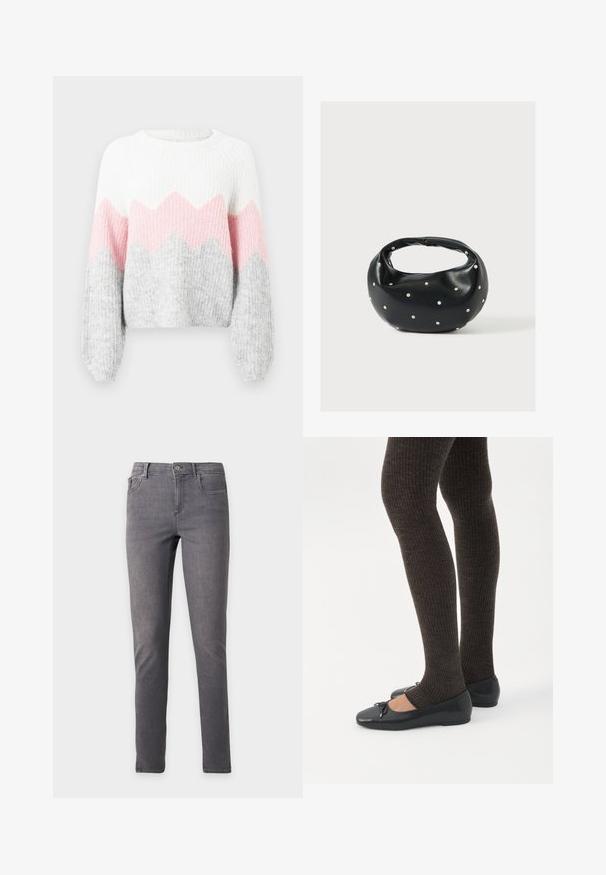 Gehaakte trui met een wit, roze en grijs zigzagpatroon. Heeft lange mouwen, een ribbelstructuur en een ronde halslijn. Gemaakt van zacht breimateriaal.; Slim-fit grijze denim jeans met voorste knoop, ritssluiting, riemlussen en ontwerp met vijf zakken, weergegeven op een eenvoudige lichte achtergrond.; Benen met donkere geribbelde leggings gecombineerd met zwarte ballerina's met kleine strikdetails op een witte achtergrond.; Zwarte leren handtas met een afgeronde vorm, versierd met zilveren studs, en een korte handgreep. Gladde textuur en ritsluiting.
