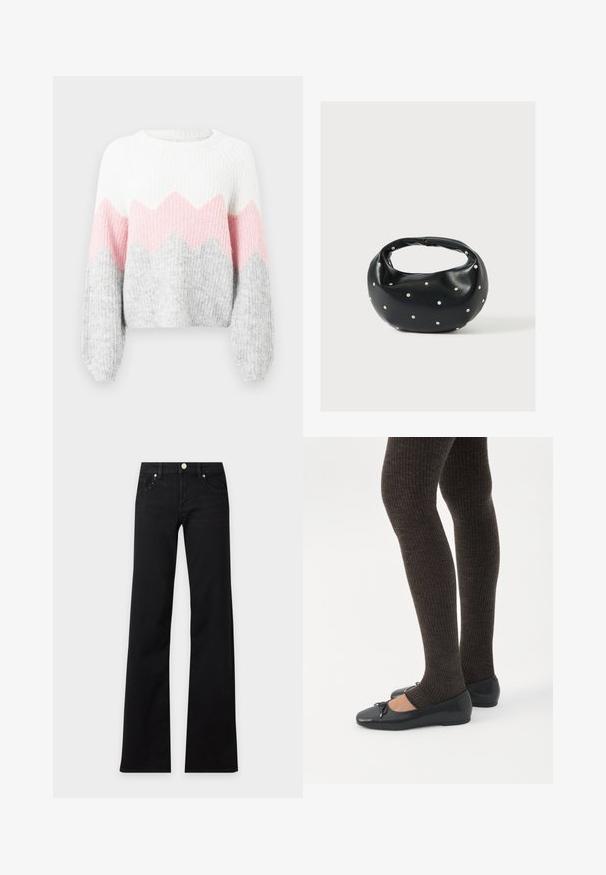 Pull en crochet avec un motif en zigzag blanc, rose et gris. Présente des manches longues, une texture côtelée et un col rond. Matériau en tricot doux.; Jean noir taille haute à jambes larges, bouton à l'avant, passants de ceinture et rivets sur les poches avant, présenté sur un fond uni clair.; Jambes portant des leggings côtelés foncés associés à des ballerines noires avec de petits détails en nœud sur fond blanc.; Sac à main en cuir noir de forme arrondie, décoré de clous argentés et équipé d'une poignée courte. Texture lisse et fermeture éclair.