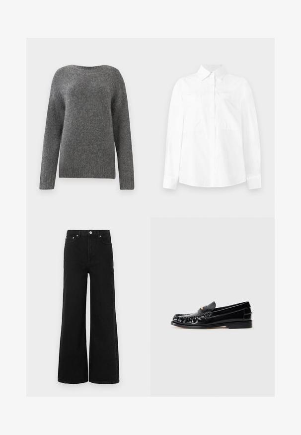 Pull gris à manches longues en matériau doux. Il présente un col rond et une surface légèrement texturée, avec une couleur unie sur l'ensemble.; Chemise blanche à manches longues avec col boutonné, deux poches poitrine et coupe droite. Fabriquée en tissu léger avec une texture lisse.; Jean noir à jambes larges en denim ; doté d'une taille haute, de poches avant et d'une fermeture par bouton. Aucun motif ni ornement visible.; Mocassins en cuir noir avec un bout arrondi, des coutures décoratives et un petit accent doré sur le dessus. Semelle en caoutchouc plate, design épuré.