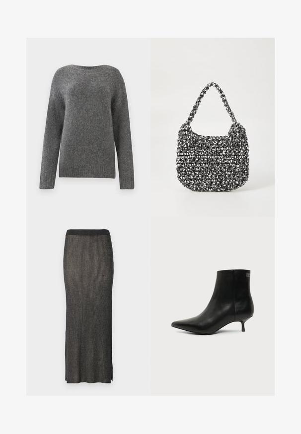 Pull gris à manches longues en matériau doux. Il présente un col rond et une surface légèrement texturée, avec une couleur unie sur l'ensemble.; Jupe midi en tricot gris foncé avec des côtes verticales, une silhouette ajustée et des fentes à l'ourlet pour plus de liberté de mouvement. Tissu doux et texturé.; Bottine en cuir noir avec bout pointu et petit talon kitten sur fond clair, vue côté extérieur.; Sac en osier noir et blanc de forme arrondie, avec une surface texturée et une poignée tressée. Convient à un usage décontracté.