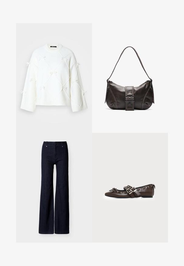 Pull en tricot blanc avec un motif en diamant et de petits nœuds. Il a une encolure ronde et des manches larges, fabriqué en tissu doux et texturé.; Jean denim bleu foncé à jambes larges, taille haute avec des coutures verticales sur le devant, sur fond blanc.; Chaussure plate en cuir marron foncé avec bout pointu, doubles brides à boucles argentées, œillets métalliques et nœud décoratif à l'avant.; Sac à épaule en cuir marron avec une forme courbée, présentant un détail de boucle proéminent, des coutures contrastantes et une seule bandoulière.