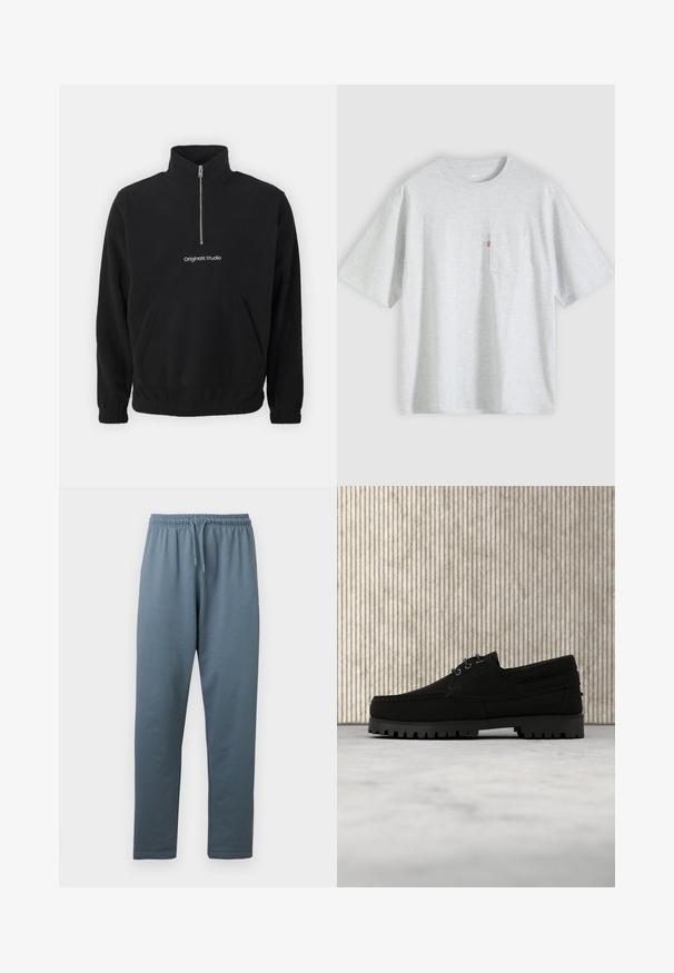 Pull léger en polaire noir avec un col haut et un zip à mi-hauteur à l'avant. Présente une poche kangourou à l'avant et un logo brodé "Originals Studio".; T-shirt gris clair à manches courtes avec un col rond et une petite poche poitrine sur le côté gauche avec une étiquette rouge.; Pantalon de survêtement à taille élastique bleu-gris avec cordon de serrage ajustable et jambes droites, présenté sur un fond blanc.; Chaussure noire à lacets avec semelle épaisse à nervures flottant au-dessus d'un tapis beige, table ronde moderne marron en arrière-plan dans une pièce à éclairage doux.