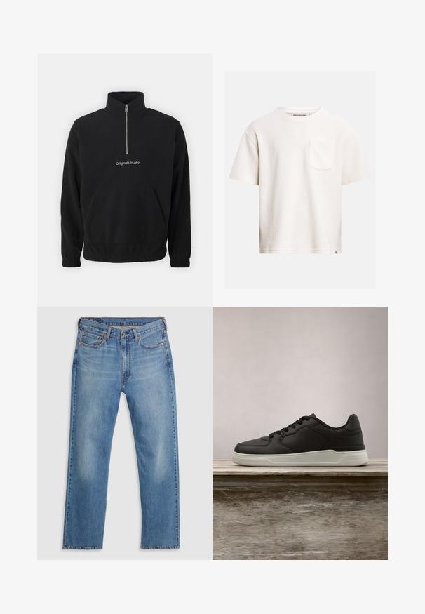 Pull léger en polaire noir avec un col haut et un zip à mi-hauteur à l'avant. Présente une poche kangourou à l'avant et un logo brodé "Originals Studio".; T-shirt blanc à manches courtes texturé avec col rond et poche poitrine sur le côté gauche, en tissu coton.; Jean en denim droit bleu avec fermeture à boutons et zip à l'avant, passants de ceinture et design à cinq poches sur fond blanc.; Baskets noires avec semelle blanche suspendues au-dessus d'un banc en bois, avec un feuillage vert en arrière-plan flou.
