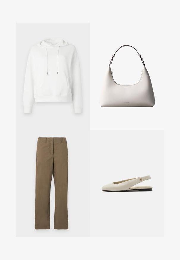 Sweat à capuche blanc fabriqué en tissu doux. Il comprend une poche avant, des cordons de serrage avec embouts en métal, et une broderie de logo discrète.; Pantalons droits marron en tissu mélangé de coton. Comprend des passants de ceinture, une poche avant et une texture lisse sans motifs.; Chaussure plate slingback en cuir couleur crème avec un bout arrondi et un petit emblème doré sur la bride.; Sac à bandoulière en cuir couleur crème de Calvin Klein avec bord supérieur incurvé, fermeture éclair argentée et sangle ajustable brun foncé.