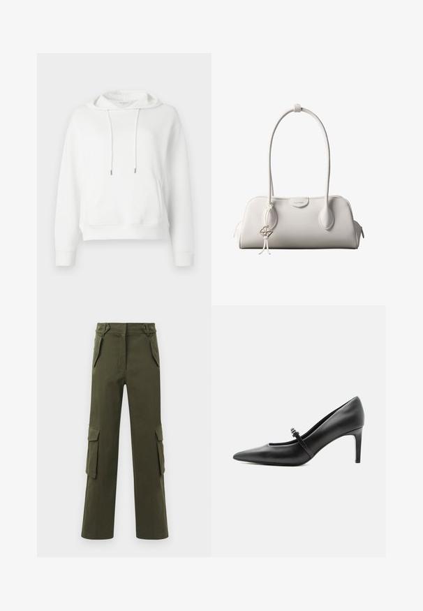 Sweat à capuche blanc fabriqué en tissu doux. Il comprend une poche avant, des cordons de serrage avec embouts en métal, et une broderie de logo discrète.; Pantalons cargo verts olive en coton, avec un design à jambe droite, deux poches latérales et deux poches cargo sur chaque jambe.; Escarpin noir en cuir à bout pointu avec une fine bride et une boucle sur le cou-de-pied, posé sur un fond clair neutre.; Sac à bandoulière blanc Calvin Klein avec longues poignées, forme rectangulaire, fermeture éclair et charm logo décoratif suspendu près de la poignée.