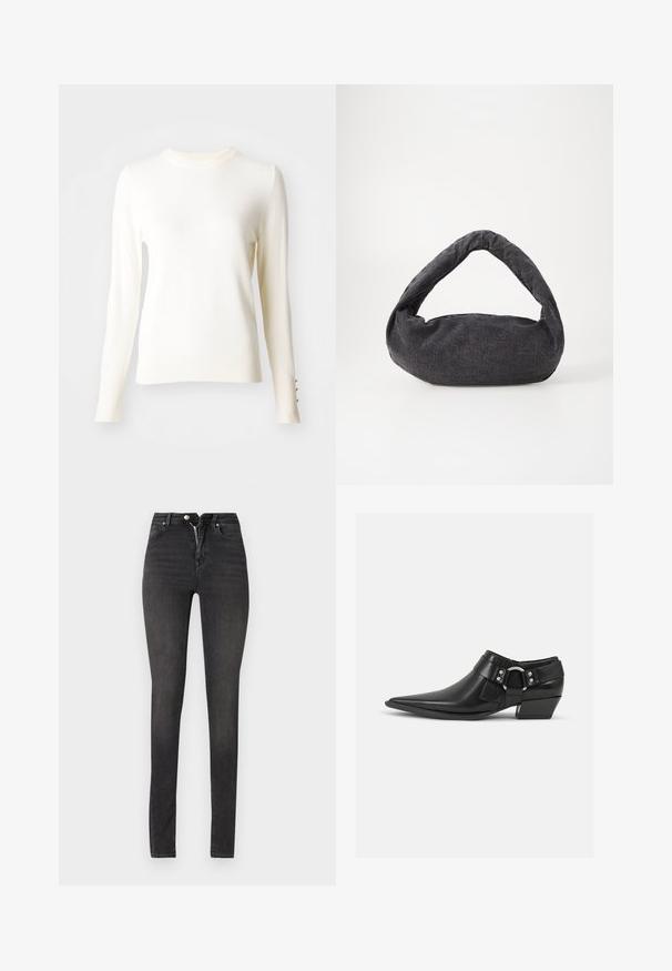 Suéter blanco de punto de manga larga con cuello redondo, puños acanalados que presentan tres botones dorados y una textura suave.; Jeans skinny negros de talle alto, hechos de denim, con cierre de cremallera, diseño de cinco bolsillos y textura suave con leve desvanecimiento.; Botas de cuero negras hasta el tobillo con puntera puntiaguda, que presentan una correa de cuero en la parte delantera y un detalle de hebilla plateada, además de un tacón bajo y cuadrado.; Bolsa de tela gris oscuro con un asa curva, textura suave y forma redondeada. Sin hardware ni adornos visibles.