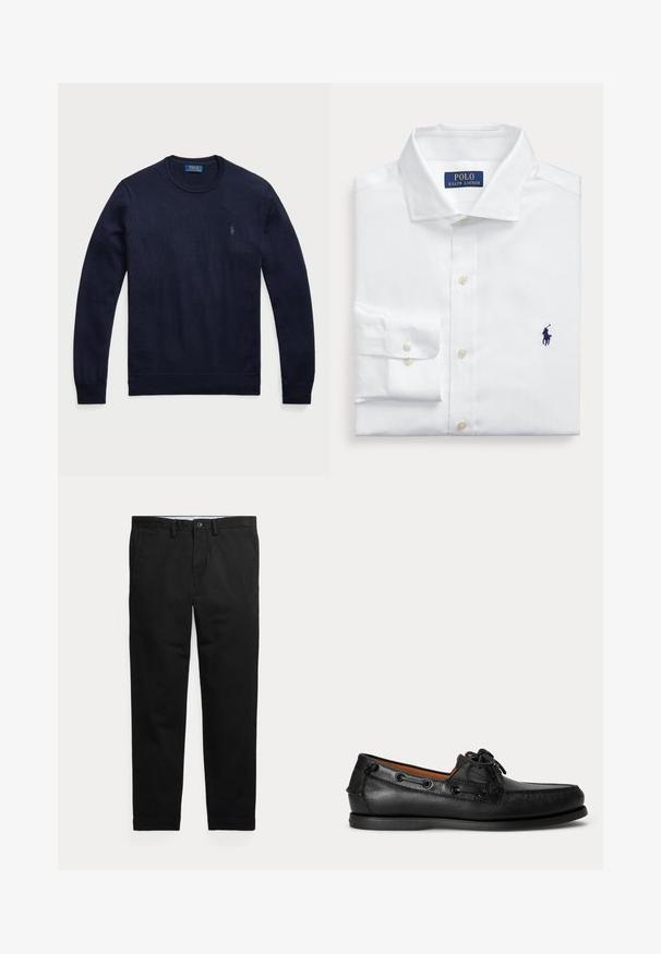 Marineblauwe sweater met ronde hals, gemaakt van gebreide stof, met ribgebreide manchetten en zoom, en een klein geborduurd logo op de linkerborst.; Witte lange mouwen overhemd, opgevouwen met knoopmanchetten, een klassieke kraag en Polo Ralph Lauren-logo geborduurd in blauw op de borst.; Zwarte rechte broek met riemlussen, voorste knoop en zijzakken, plat weergegeven op een lichte achtergrond.; Zwarte leren mocassin met veterdetail en lage rubberen zool, zijaanzicht op een eenvoudige lichte achtergrond.