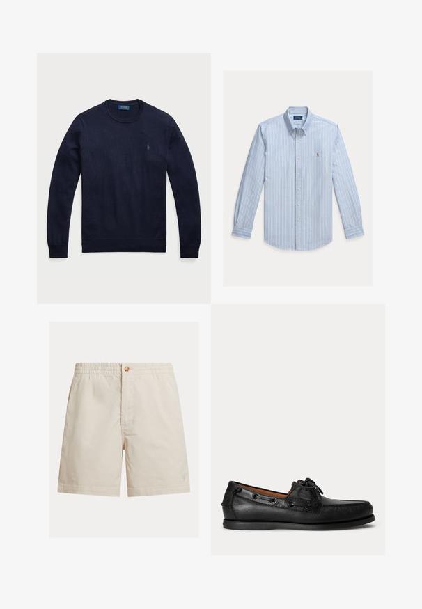Marineblauer Rundhals-Pullover aus Strickstoff mit gerippten Bündchen und Saum, mit einem kleinen gestickten Logo auf der linken Brust.; Hellblaues Langarm-Hemd mit weißen vertikalen Streifen und einem kleinen gestickten Polo Ralph Lauren Logo auf der Brust.; Helle beige Herrenshorts aus Baumwollmischung, mit einem elastischen Bund, einem Knopfverschluss und einem einzelnen Logo nahe dem Saum.; Schwarzer Ledermokassin mit Schnürdetail und flacher Gummisohle, seitlich auf hellem Hintergrund gezeigt.