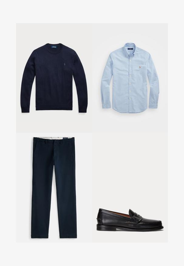Marineblauwe sweater met ronde hals, gemaakt van gebreide stof, met ribgebreide manchetten en zoom, en een klein geborduurd logo op de linkerborst.; Lichtblauwe overhemd met lange mouwen, gemaakt van katoen, met een klassieke kraag en een klein rood geborduurd logo op de borst.; Marineblauwe chino's met een rechte pijp, voorzien van schuine voorkantzakken, riemlussen en een witte binnenvoering.; Zwarte leren loafer met lage hak en penny-strap detail, van opzij getoond op een lichtgrijze achtergrond.