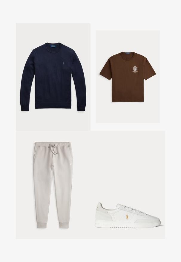 Mørkeblå crewneck trøje lavet af strikket stof med ribbede manchetter og kant, med et lille broderet logo på venstre bryst.; Brun bomuld T-shirt med rund hals, korte ærmer og hvidt logo med emblem på venstre brystområde.; Lysegrå joggerbukser med elastisk talje, snor, sidelommer, ribbede ankler og lille hvidt broderet logo på låret.; Hvid lavtop sneaker med snøredesign, guldfarvet Polo Ralph Lauren-logo på siden og tekstureret sål på en ensfarvet baggrund.