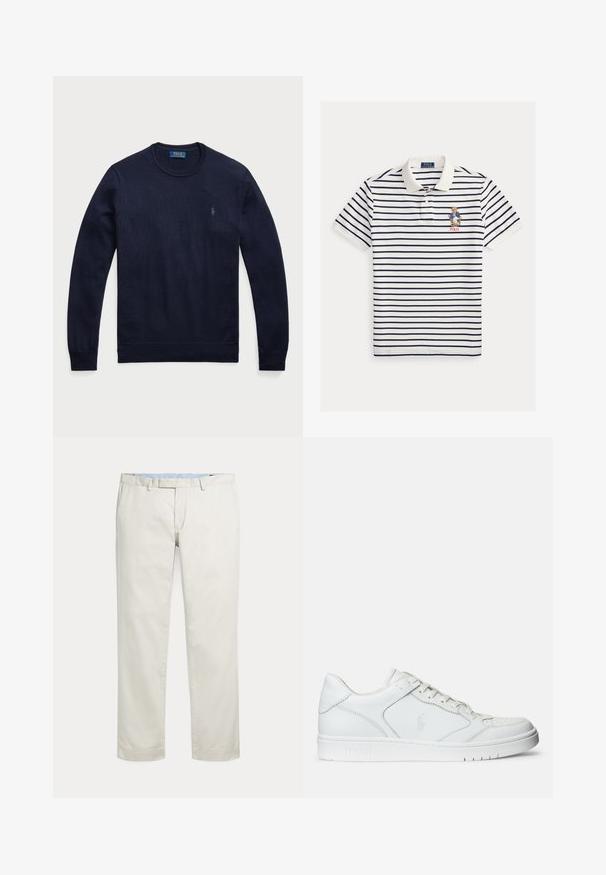 Marineblauer Rundhals-Pullover aus Strickstoff mit gerippten Bündchen und Saum, mit einem kleinen gestickten Logo auf der linken Brust.; Weißes Poloshirt mit marineblauen horizontalen Streifen, gesticktem Bären mit Blazer auf der linken Brust und dem Schriftzug „POLO“ unter dem Bären.; Cremefarbene gerade geschnittene Hosen mit Gürtelschlaufen und verdecktem vorne liegenden Verschluss auf einfarbigem Hintergrund.; Weißer Ledersneaker mit glatter Textur, ausgestattet mit einer perforierten Zehenpartie, Schnürverschluss und gesticktem Logo an der Seite. Weiße Gummisohle.