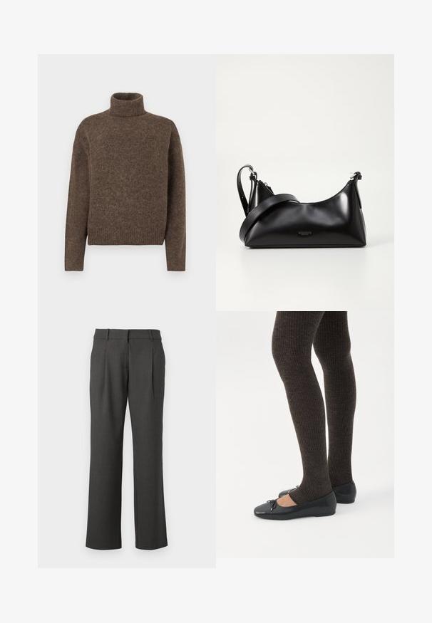 Brun turtleneck sweater lavet af struktureret strikket stof. Har en afslappet pasform og ribkant i kanten og ved ærmerne. Simpelt design uden mønstre eller dekorationer.; Mørkegrå formelle bukser med lige ben, bæltestropper og frontfolder, præsenteret mod en hvid baggrund.; Ben iført mørke ribbede leggings kombineret med sorte balletsko med små sløjfedetaljer på hvid baggrund.; Sort læderhåndtaske med en glat tekstur. Har en justerbar stropp og et enkelt, minimalistisk design med lynlås.