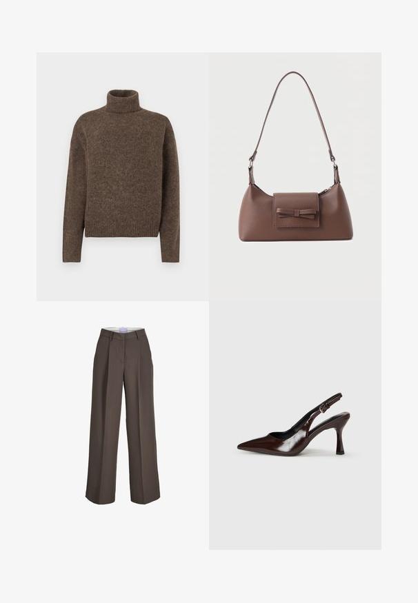 Pull en col roulé marron en tissu tricoté texturé. Il présente une coupe décontractée ainsi qu'un ourlet et des poignets côtelés. Design simple, sans motifs ni ornements.; Pantalon marron à jambes larges avec passants de ceinture, plis devant et fermeture avant cachée.; Talons slingback en cuir verni brun avec un bout pointu, un talon fin, et une sangle réglable avec une petite boucle.; Sac à bandoulière en cuir marron avec une poche à rabat avant ornée d'un détail en forme de nœud cousu et une sangle réglable.