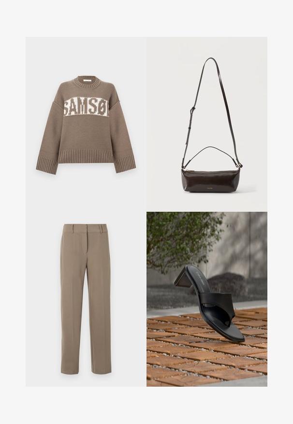 Pull en maille marron avec col rond, épaules tombantes et poignets côtelés. Présente un texte rayé blanc "SAMSON" sur le devant.; Pantalon kaki droit avec passants de ceinture et fermeture éclair frontale sur fond blanc.; Sandale à talon noire Calvin Klein avec boucle pour l’orteil, posée sur un sol en carreaux de bois en extérieur, près d’un arbre et d’un mur en pierre.; Petit sac à bandoulière en cuir marron foncé brillant avec bandoulière réglable, poignée supérieure et fermeture éclair dorée.