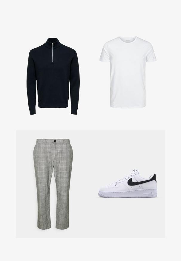Pull en maille bleu marine avec un col montant et une fermeture éclair en argent. Présente une texture côtelée et des manches longues, offrant une silhouette ajustée et épurée.; T-shirt à col rond à manches courtes de couleur blanche unie, fabriqué en coton doux, avec un design simple sans motifs ni accents visibles.; Pantalons à carreaux gris avec une coupe ajustée, dotés d'une fermeture à glissière, d'une fermeture à bouton et de poches latérales. Le tissu a une texture lisse.; Sneaker en cuir blanc avec un Swoosh noir texturé, des lacets plats et une semelle en caoutchouc avec un motif strié. "AIR" est embossé sur le talon.