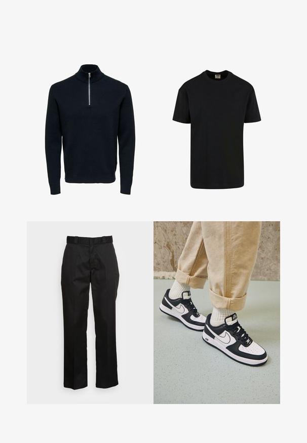 Pull en maille bleu marine avec un col montant et une fermeture éclair en argent. Présente une texture côtelée et des manches longues, offrant une silhouette ajustée et épurée.; Urban Classics SHORTSLEEVE - T-shirt basique - black; Pantalons noirs en tissu lisse, avec une coupe droite, des passants de ceinture et deux poches latérales. Look classique sans embellissements.; Baskets Nike Air Force 1 en noir et blanc avec un dessus en cuir, orteil perforé et détail de semelle texturée, portées avec un pantalon beige retroussé et des chaussettes blanches.