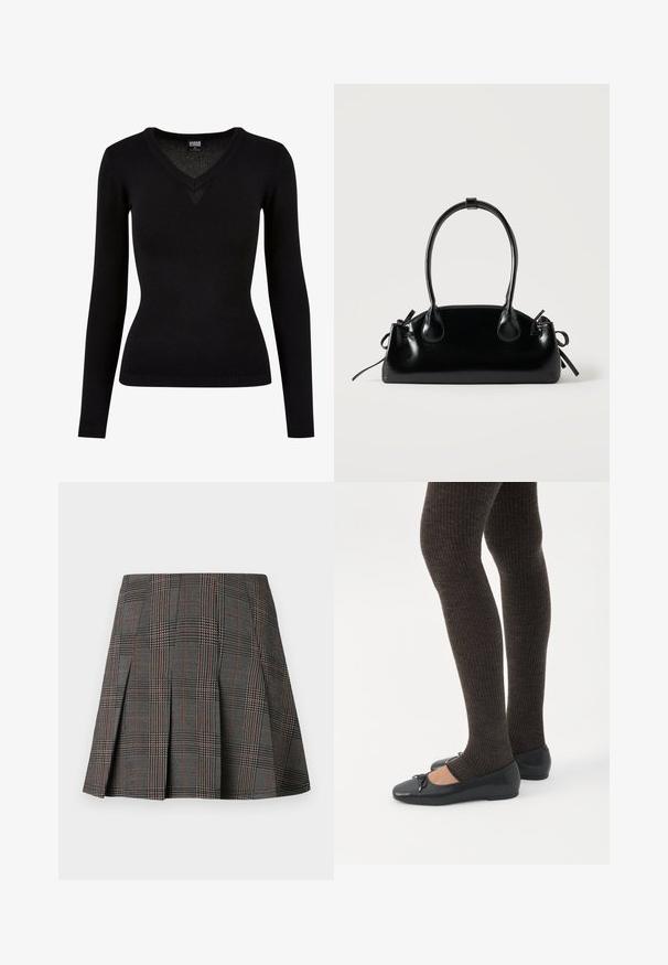 Sort V-hals sweater lavet af et glat strikmateriale. Har lange ærmer, ribbede kanter og en tætsiddende silhuet. Enkel design uden mønstre.; Gråternet nederdel med plisseringer, prydet med intrikate mønstre i sort og hvid, akkompagneret af tynde røde linjer. Fremstillet af et struktureret stof.; Ben iført mørke ribbede leggings kombineret med sorte balletsko med små sløjfedetaljer på hvid baggrund.; Lille sort blank håndtaske med to lange håndtag og snøre-detaljer i siden på en ensfarvet lys baggrund.