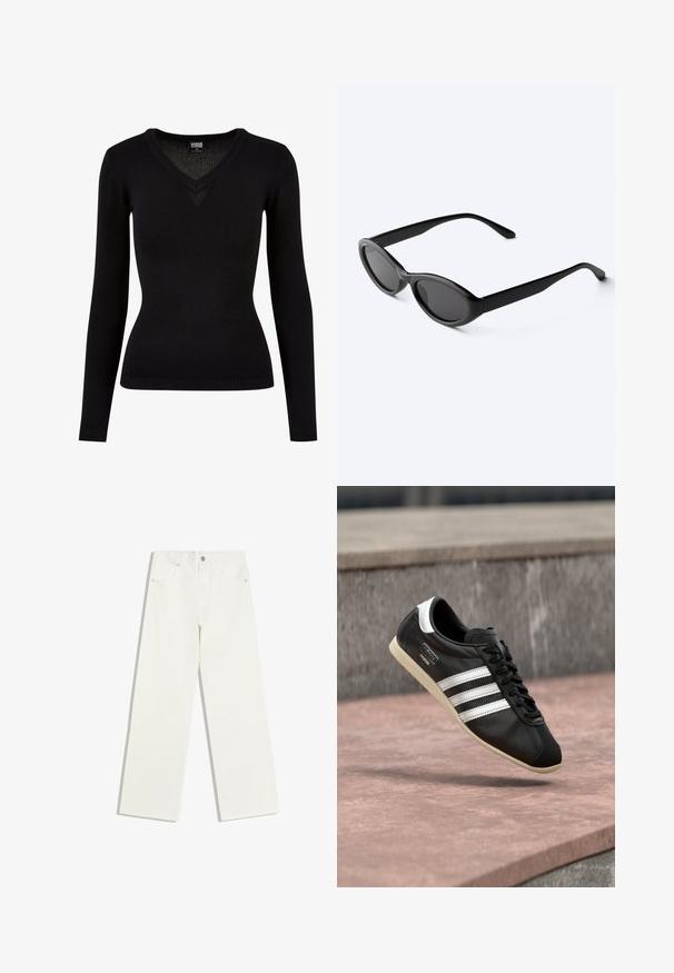 Schwarzer V-Ausschnitt-Pullover aus glattem Strickmaterial. Mit langen Ärmeln, gerippten Säumen und einer taillierten Silhouette. Einfaches Design ohne Muster.; Weiße Jeans mit hohem Bund und geradem Bein, mit Vordertaschen und Knopfverschluss auf weißem Hintergrund.; Schwarzer Ledersneaker mit weißen Streifen und Sohle, geschnürt, schwebt über einer rosa gefärbten Betontfläche vor einer grauen Steinmauer im Hintergrund.; Schlanke schwarze ovale Sonnenbrille mit dunklen Gläsern und geraden Bügeln, liegend auf einer weißen Oberfläche.