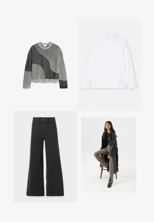 Gebreide pullovertrui in grijs en zwart met geribbelde textuur, voorzien van een abstract geometrisch ontwerp en een ronde hals.; Witte lange mouwen shirt gemaakt van lichtgewicht stof. Heeft een klassieke kraag, knoopsluiting en manchet met lichte plooien. Schoon ontwerp.; Zwarte jeans met hoge taille en wijde pijpen, met voorzakken en dubbele knoopsluiting.; Zwarte leren trenchcoat met knopen en riemdetails, gecombineerd met lichtbruine getailleerde broek en zwarte loafers, zittend op een houten kruk.