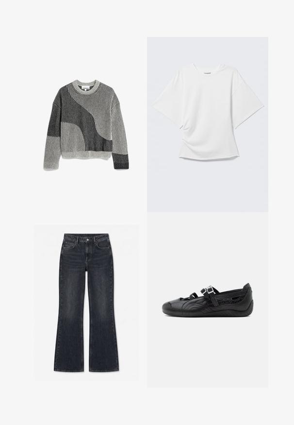 Gebreide pullovertrui in grijs en zwart met geribbelde textuur, voorzien van een abstract geometrisch ontwerp en een ronde hals.; Wit oversized T-shirt met korte mouwen en ronde hals, weergegeven op een lichtgrijze achtergrond.; Zwarte denim jeans met een hoge taille, knoop- en ritssluiting, steekzakken aan de voorkant en een licht uitlopende pijp.; Zwarte platte Mary Jane schoen met een gestructureerd patroon, twee verstelbare gespsluitingen en een laag profiel zool op een effen achtergrond.