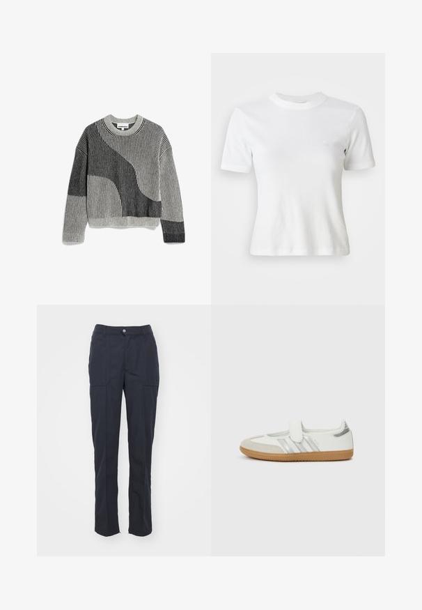 Gebreide pullovertrui in grijs en zwart met geribbelde textuur, voorzien van een abstract geometrisch ontwerp en een ronde hals.; Witte gestreepte t-shirt met korte mouwen, een ronde halslijn en een klein logo op de borst. Gemaakt van zachte stof met een getailleerd ontwerp.; Donkerblauwe broek met een rechte pasvorm, voorzien van twee voorzakken, een knoopsluiting en een soepele stofstructuur.; Witte sneaker met zilveren strepen, suède neuskap en klittenbandsluiting. Texturen gumrubberen zool. Minimalistisch ontwerp met een gladde afwerking.