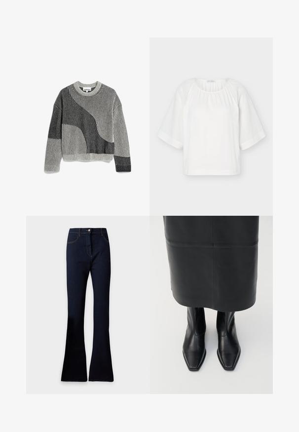 Pull en tricot gris et noir avec texture côtelée, mettant en avant un design géométrique abstrait et un col rond.; Blouse blanche ample avec encolure ronde, tissu froncé au col et larges manches mi-longues avec des détails de couture horizontaux.; Jeans évasés en denim bleu foncé avec poches avant, passants de ceinture et fermeture par bouton sur un fond uni.; Bottes montantes en cuir noir avec un design à bout carré et une fermeture éclair sur le côté. Texture lisse et matériel minimal ; associées à une jupe en cuir noir.