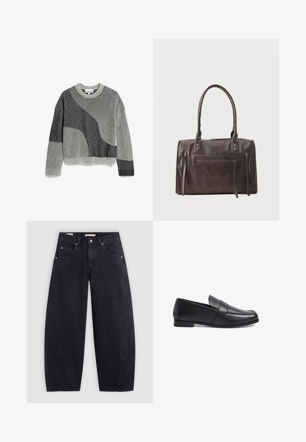 Pull en tricot gris et noir avec texture côtelée, mettant en avant un design géométrique abstrait et un col rond.; Jean large en denim noir à taille haute, avec deux poches avant et des accessoires en argent. Texture lisse, détails de couture minimaux et coupe droite.; Mocassins en cuir noir avec un petit talon, dotés d'un dessus cousu et d'une sangle décorative sur le cou-de-pied. Texture lisse, design classique.; Sac à main en cuir marron foncé avec double poignée, poche zippée avant et deux détails zippés verticaux sur les côtés, sur fond blanc.
