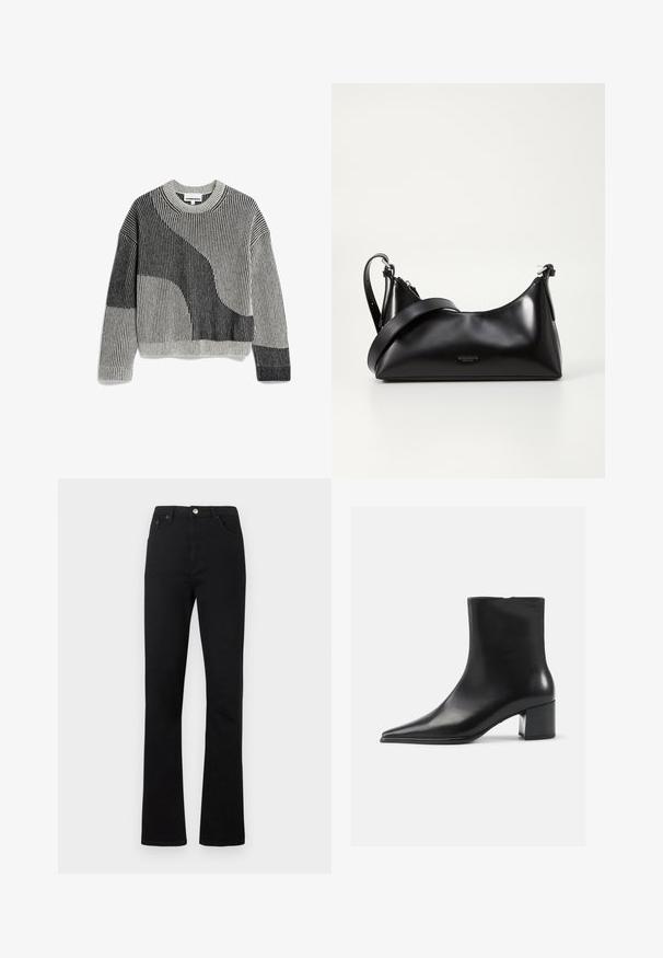 Gebreide pullovertrui in grijs en zwart met geribbelde textuur, voorzien van een abstract geometrisch ontwerp en een ronde hals.; Zwarte, high-waist, rechte jeans met voorzakken, lussen voor een riem en een zilverkleurige knoopsluiting.; Zwarte leren enkellaars met een spitse neus, een soepele textuur en een middenblokhak. Minimalistisch ontwerp, ritssluiting aan de achterkant.; Zwarte leren handtas met een gladde textuur. Beschikt over een verstelbare schouderband en een strak, minimalistisch ontwerp met een ritssluiting.