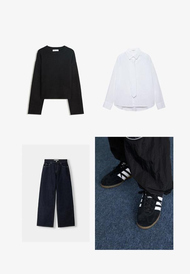 Sort langærmet strikket sweater med rund hals, ribbede manchetter og kant samt cropped længde.; Hvid langærmet skjorte med krave og matchende smalt slips, knaplukning foran og manchetter, vist på en ensfarvet baggrund.; Mørkeblå denim wide-leg jeans med høj talje, fem lommer, kontraststing og sølvfarvet metalbeslag. Glat overflade og pæn finish.; Sorte suedetrainingssko med tre hvide striber og sorte snørebånd. Et tekstureret sort bukser er delvist synligt ved siden af skoene.