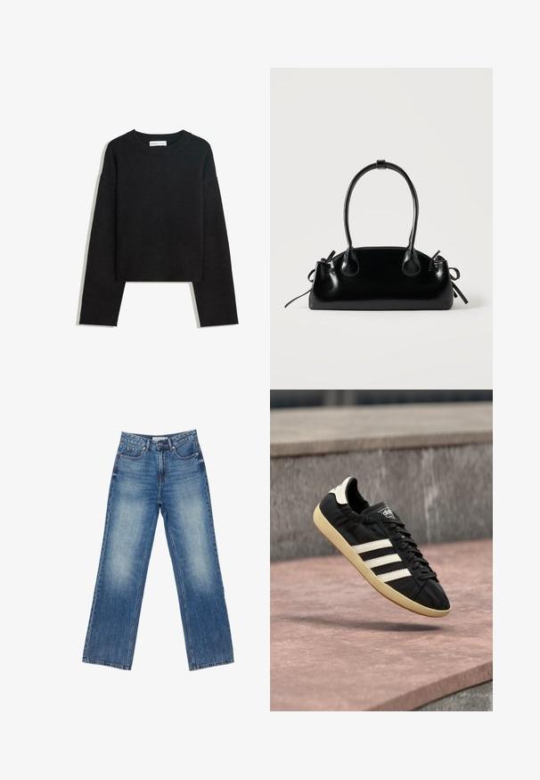 Zwarte lange mouwen gebreide trui met ronde halslijn, geribde manchetten en zoom, en een cropped lengte.; Blauwe jeans met hoge taille en rechte pijpen, met knoop- en ritssluiting, voor- en achterzakken en vervaagde details op de dijen.; Zwarte Adidas sneaker met witte strepen en beige zool, vastgelegd in de lucht boven een stenen oppervlak en een stenen muur op de achtergrond.; Kleine zwarte glanzende handtas met twee lange hengsels en zijkant trekkoord details op een effen lichte achtergrond.