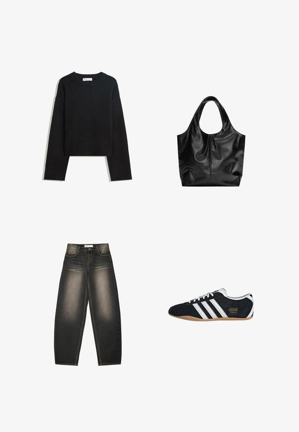 Sort langærmet strikket sweater med rund hals, ribbede manchetter og kant samt cropped længde.; Grå denim bredbenede jeans med let lysning, fem lommer, kontraststing og en afslappet pasform. Ingen synlige mønstre eller udsmykninger.; Sort ruskinds sneaker med hvide tre striber, guldlogo og en brun gummisål. Har et lavprofil snørebåndsdesign.; Sort læder tote taske med en glat overflade, en blød, afrundet top og brede håndtag. Har minimal syning og en afslappet silhuet.