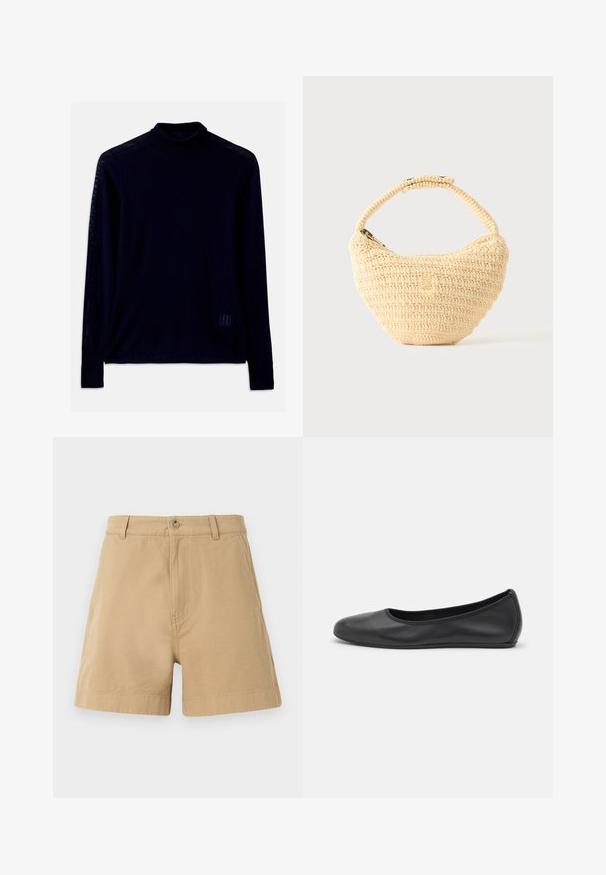 Camisa de cuello alto de manga larga en color navy, hecha de tela suave; cuenta con un cuello ajustado y un pequeño logo en color azul claro en el lado inferior izquierdo del frente.; Pantalones cortos beige de algodón, con un diseño clásico que incluye un cierre frontal de botón y presillas para cinturón. Textura suave con bolsillos laterales.; Bailarina de piel negra con punta redondeada, textura suave, detalle de costura minimalista y diseño de suela flexible.; Bolso tejido beige con cuerpo redondeado, cierre de cremallera y una correa corta y gruesa en un estilo de crochet simple y texturizado.